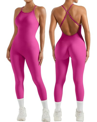 RXRXCOCO Women Ribbed One Piece Jumpsuits Backless Sleeveless High Neck Bodycon Romper Seamless Workout Yoga Jumpsuits Rose Red X-Large | Amazon (US)