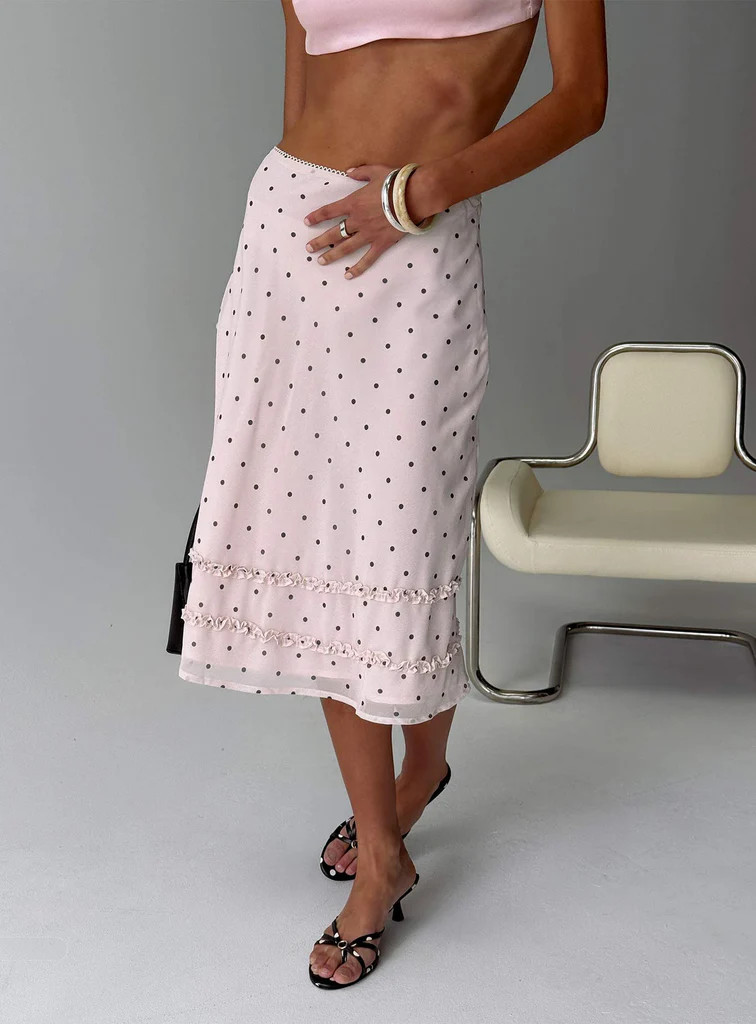 Clarabella Frill Midi Skirt Pink Polka Dot | Princess Polly US