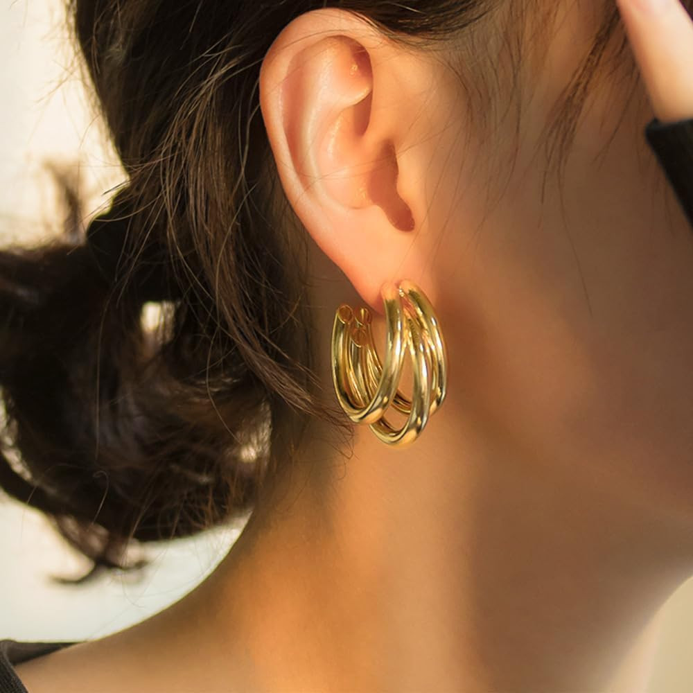 Amazon.com: Chunky Gold Hoop Earrings for Women, 14k Gold Plated Thick Triple Hoop Earrings Hypoa... | Amazon (US)