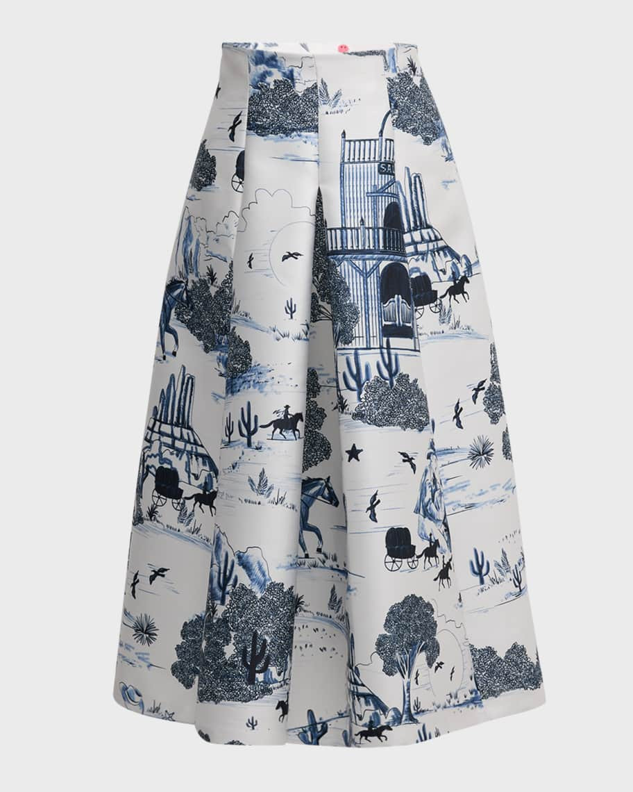 Maison Common Western-Print Pleated Midi Skirt | Neiman Marcus