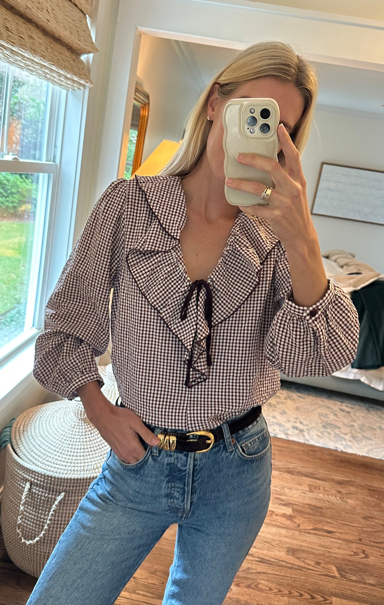 Perfect fall blouse! Wearing size small with my favorite jeans (tts- if between sizes size up) and suede belt 