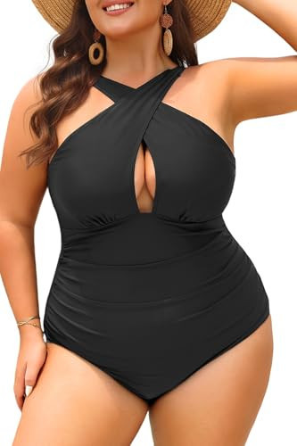 Daci Women Plus Size Swimsuits Tummy Control Black One Piece Bathing Suits Front Cross Keyhole Swimwear Black XL | Amazon (US)