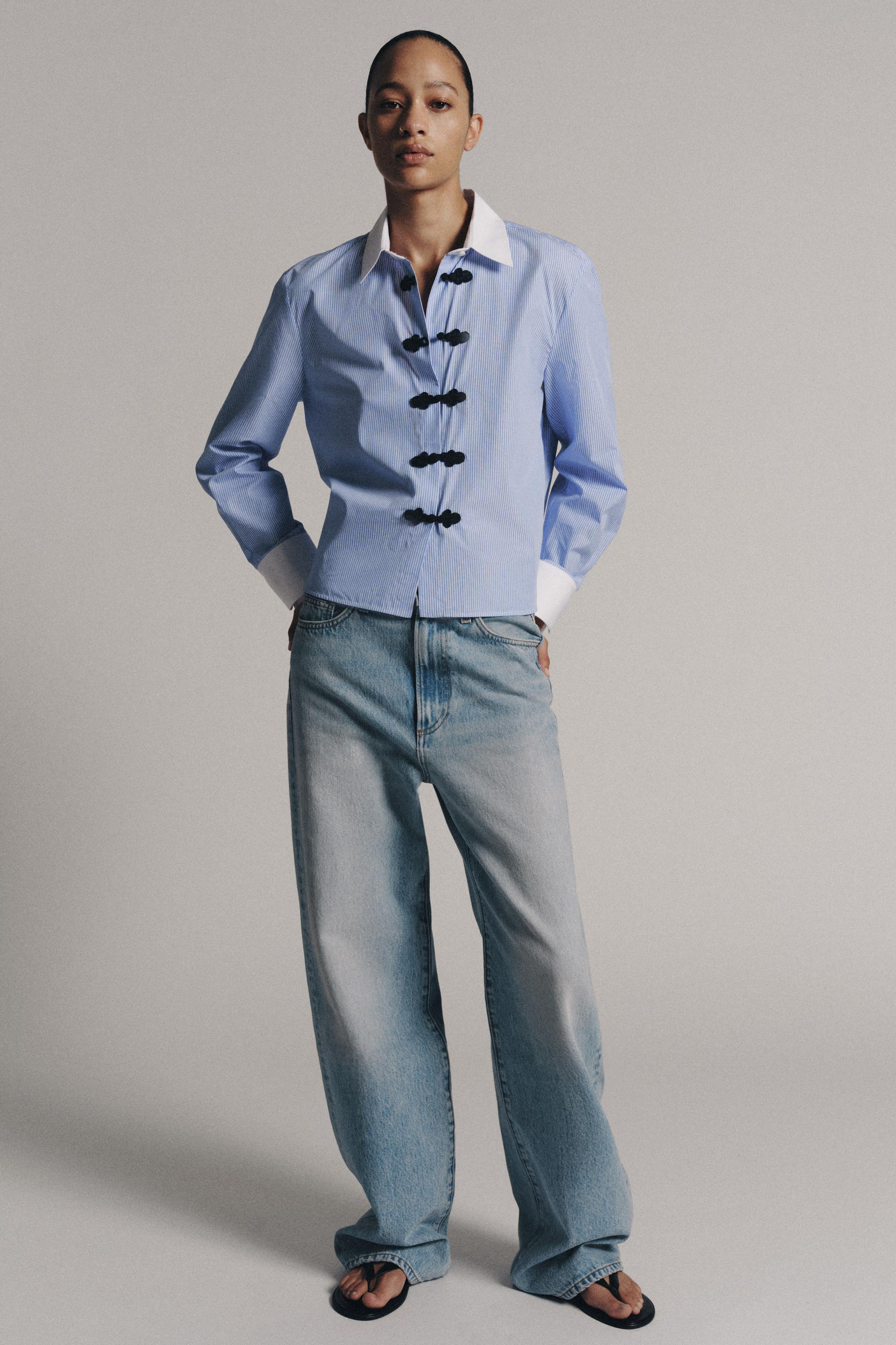 Zara - Zw Collection Striped Frog Fastening Shirt - Blue / White - M - Woman | Zara US