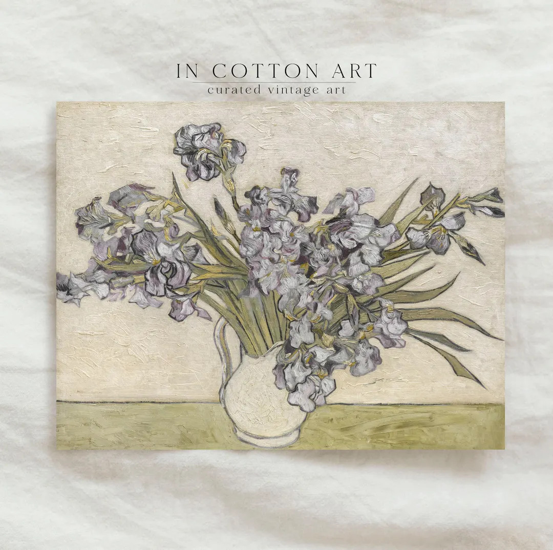 Vintage Iris Oil Painting PRINTABLE / Neutral Vase of Flowers Print / Rustic Farmhouse Wall Decor... | Etsy (US)