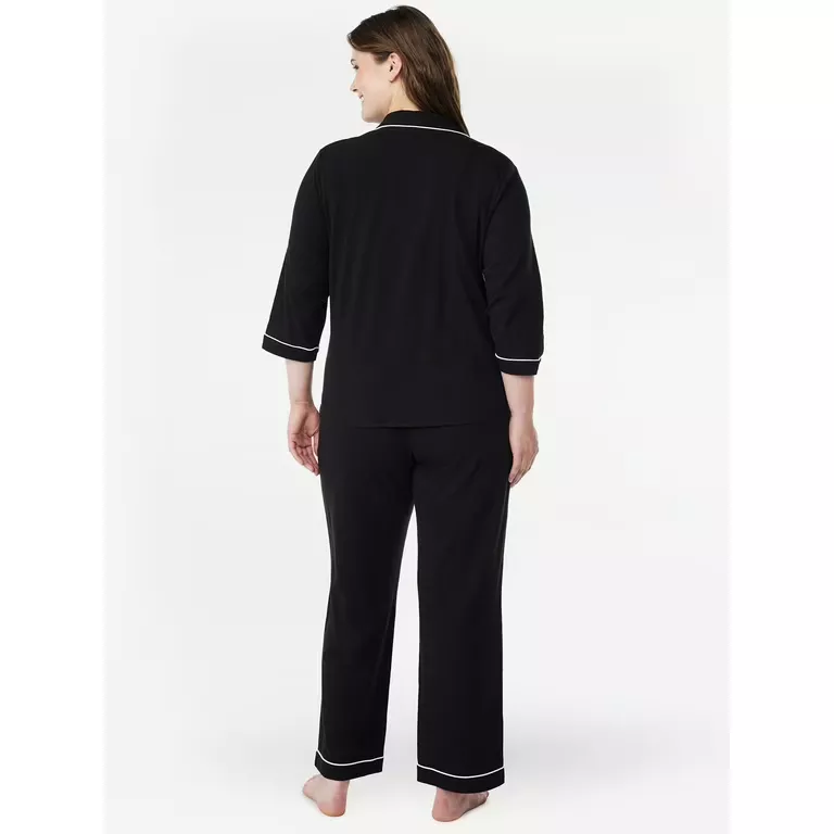 Joyspun Women's Knit Short Sleeve Notch Collar Top and Capri Pajama Set,  2-Piece, Sizes S to 3X