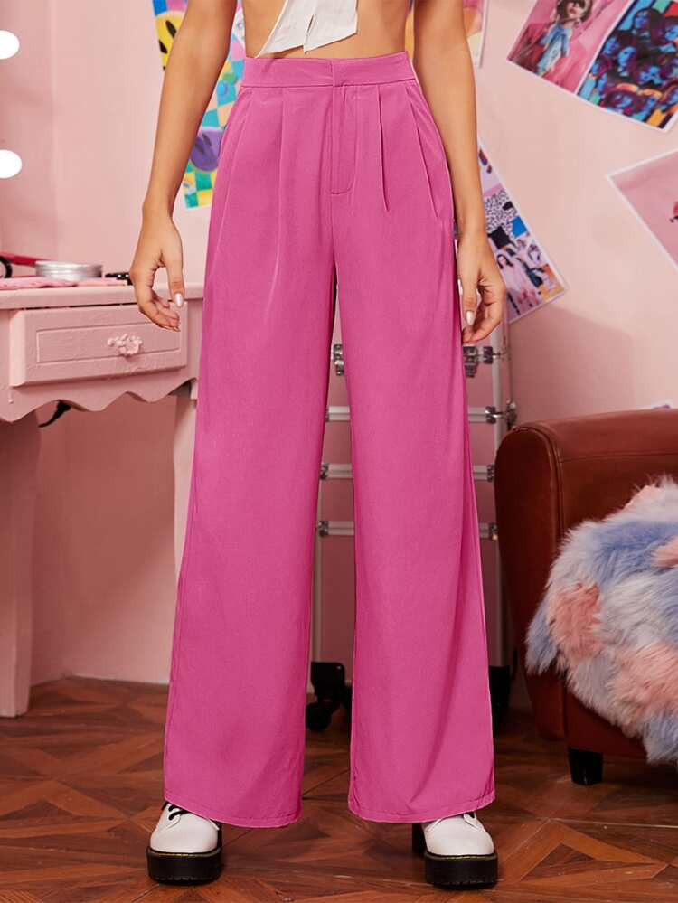SHEIN EZwear Zipper Fly Fold Pleated Palazzo Pants | SHEIN