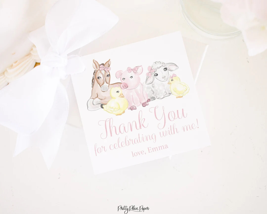 Watercolor Farm Animals With Bows Favor Tag | Printable Download | Girly Farm Birthday | Girly Fa... | Etsy (US)