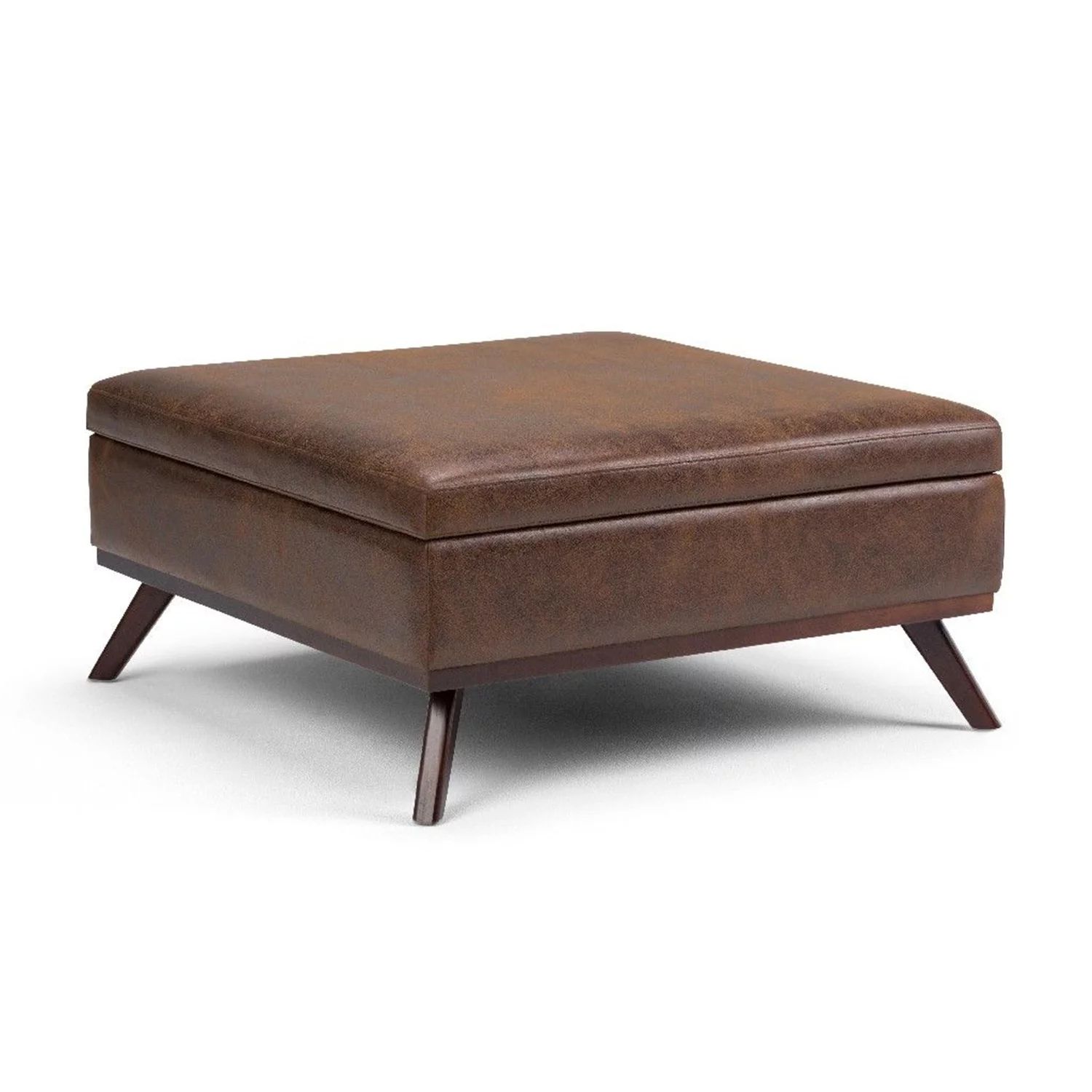 Owen Square Coffee Table Storage Ottoman in Distressed Chestnut Brown Faux Air Leather | Walmart (US)