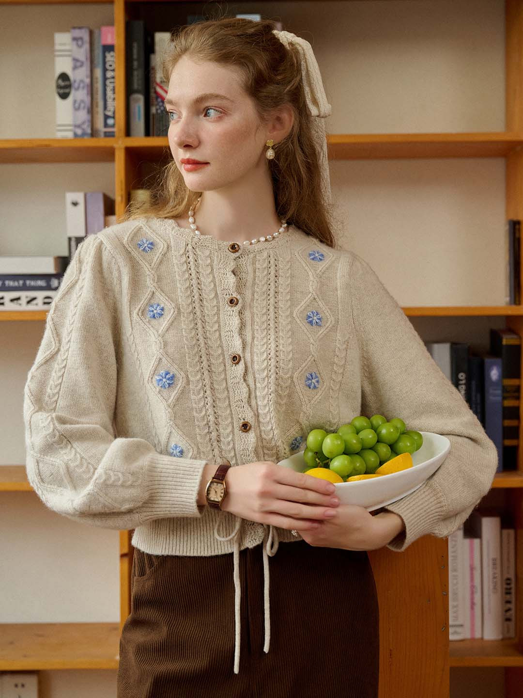 Willow Floral Embroidery Lantern Sleeve Knot Hem Knit Cardigan | SimpleRetro