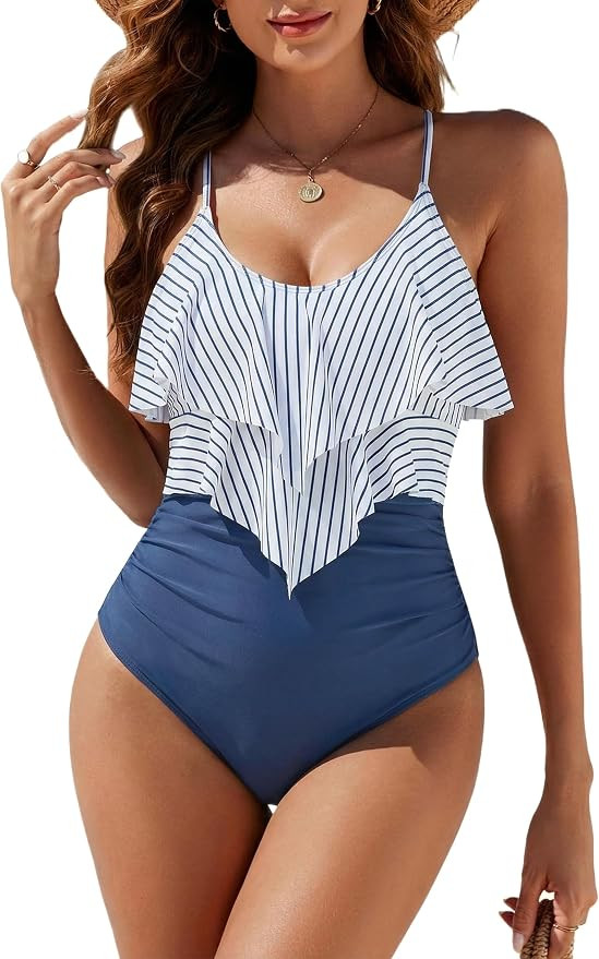Women's One Piece Tummy Control Swimsuits Full Coverage Swim Bathing Suit Slimming Modest Ruffle ... | Amazon (US)