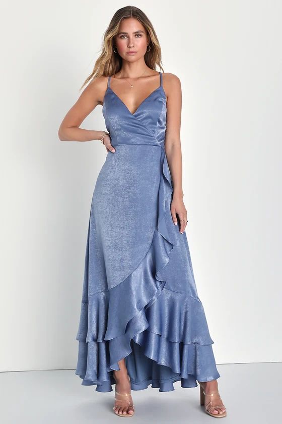 In Love Forever Slate Blue Satin Lace-Up High-Low Maxi Dress | Lulus (US)