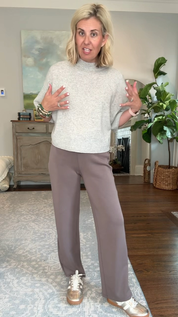 Spanx Air Essentials Straight Leg Pants are just a staple item to have in your closet. 
Pants - small petite 
Sweater - xs
Sneakers - 8 tts 

CODES- 
*Spanx - LTK20 for 20% off full priced Spanx in the LTK app
*Allie + Bess - Catherine20
 ￼