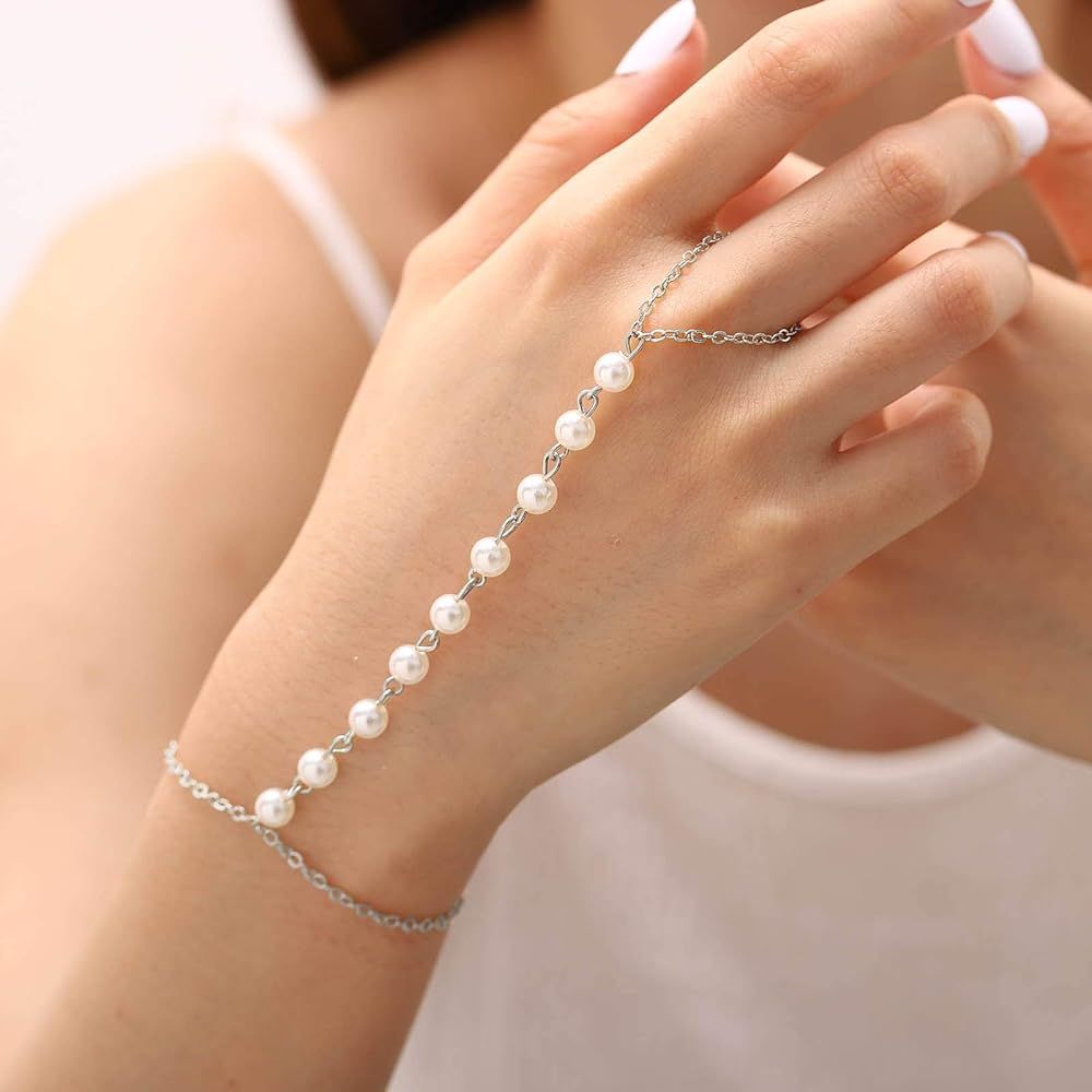 Simple Hand Chain Pearl Finger Ring Bracelets Wedding Beaded Bracelet for Women and Girls | Amazon (US)