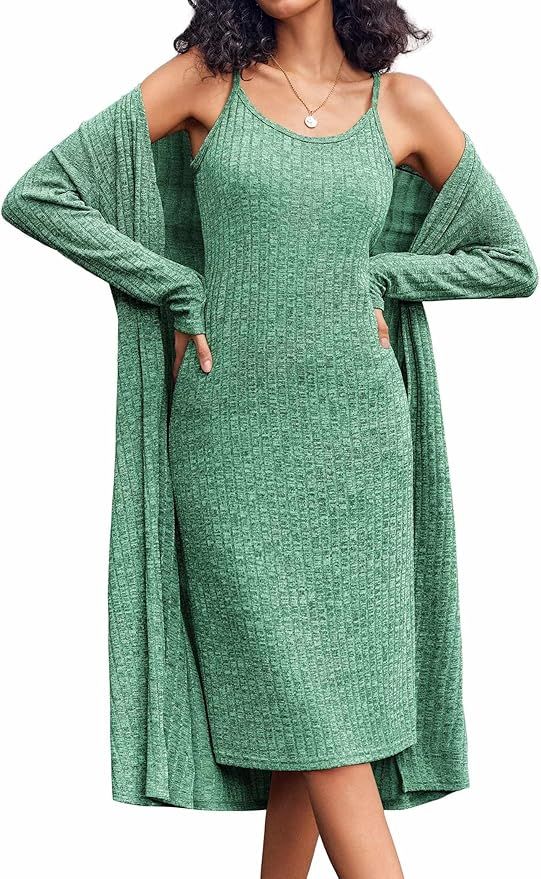 Ekouaer Womens Knit Robe Set 2 Piece Nightgown with Robes Long Sleeves Lounge Sets with Pockets S... | Amazon (US)