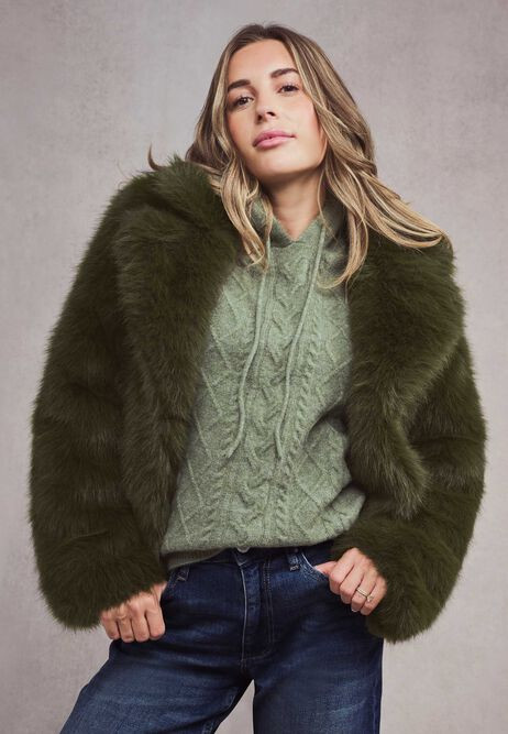 Womens Khaki Green Short Faux Fur Fluffy Coat | Peacocks
