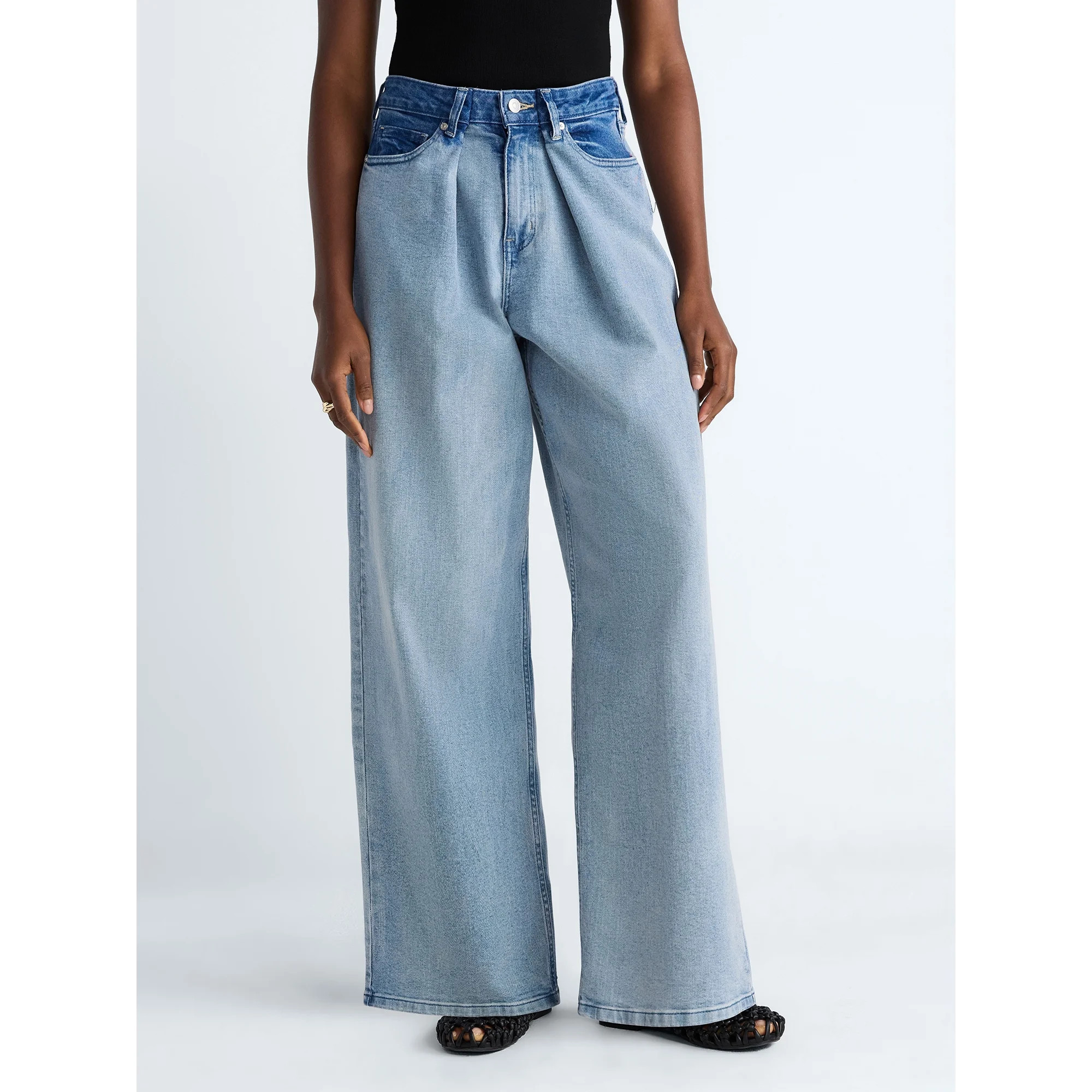 Scoop Women's and Women's Plus Mid-Rise Colorblock Wide Leg Jeans, Available in Short, Reg, and L... | Walmart (US)