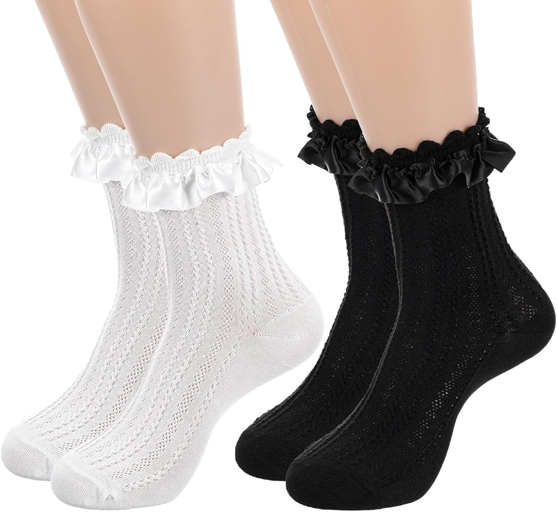 2 Pairs Womens Lace Ruffle Frilly Crew Socks Satin Ruffle Ankle Sock for Women Girls Casual Soft ... | Amazon (US)