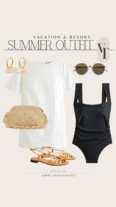 Summer outfit inspo! Loving this linen t-shirt dress for vacation and resort paired with a classic swimsuit and accessories. 

Summer outfit,  vacation outfit, bag, sandals, sezane, abercrombie, sunglasses, swim, bag, straw bag, abercrombie, earrings, resort wear, 

#LTKItBag #LTKMidsize #LTKSwim
