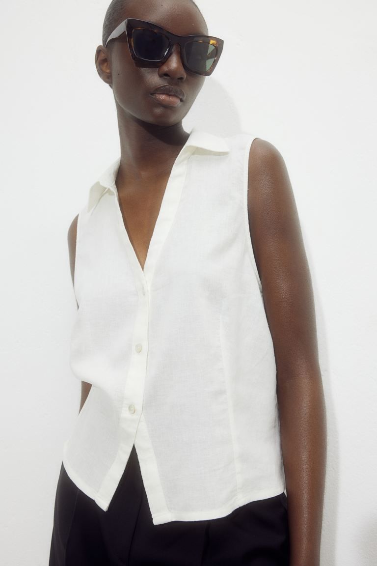 Sleeveless Linen-blend Shirt - V-neck - Sleeveless - White - Ladies | H&M CA | H&M (US + CA)