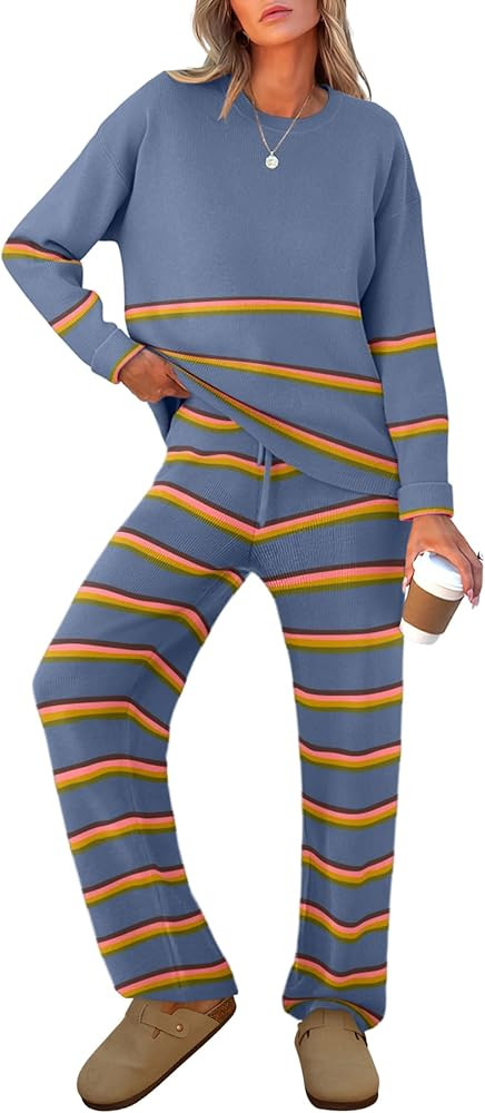 Caracilia Women's 2 Piece Outfits Sweater Sets Striped Oversized Sweaters Knit Wide Leg Pant Loun... | Amazon (US)