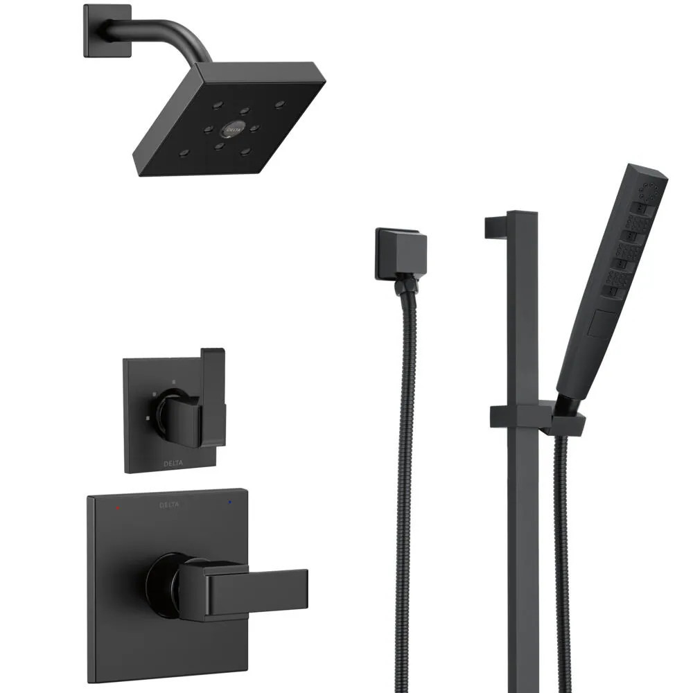 Delta Ara 3-Setting Matte Black Shower System with Shower Head, Slide Bar Handheld Shower, Handle, Diverter and Valve Kit | Lowe's