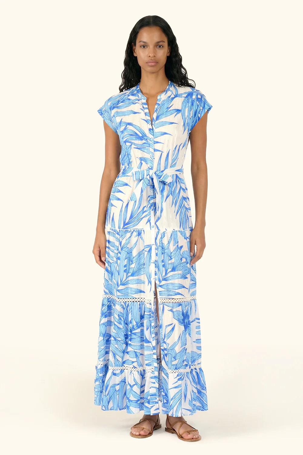 Long Dress Kora - Blue Palm Leaf | Poupette St Barth