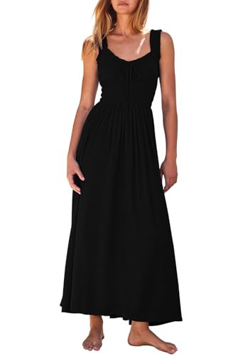 Duigluw Women's Summer Sleeveless Dress Casual Long Maxi Tank Vacation Dresses Smocked Beach Tiered Dress Black L | Amazon (US)