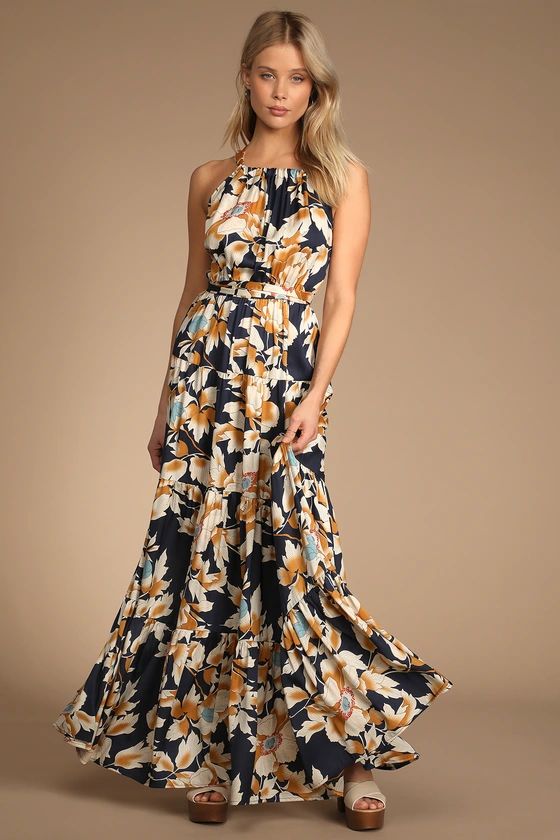 Heat Wave Babe Navy Blue Floral Print Tie-Back Tiered Maxi Dress | Lulus (US)