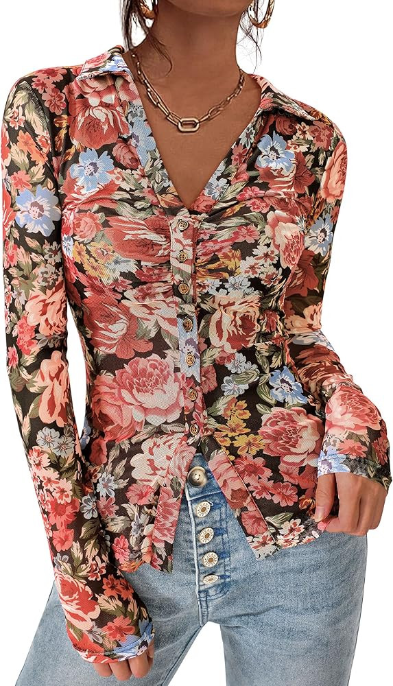 PRETTYGARDEN Women Button Down Floral Shirts 2025 Fall Trendy Long Sleeve V Neck Ruched Fitted Me... | Amazon (US)