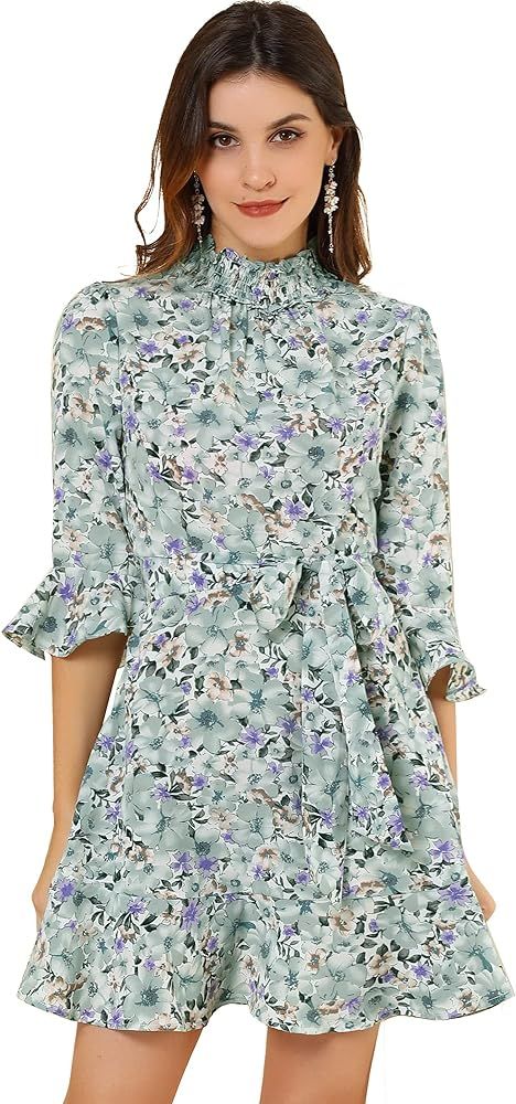 Allegra K Women's Floral 3/4 Bell Sleeve Smocked Belted Flare Ruffle Dress | Amazon (US)