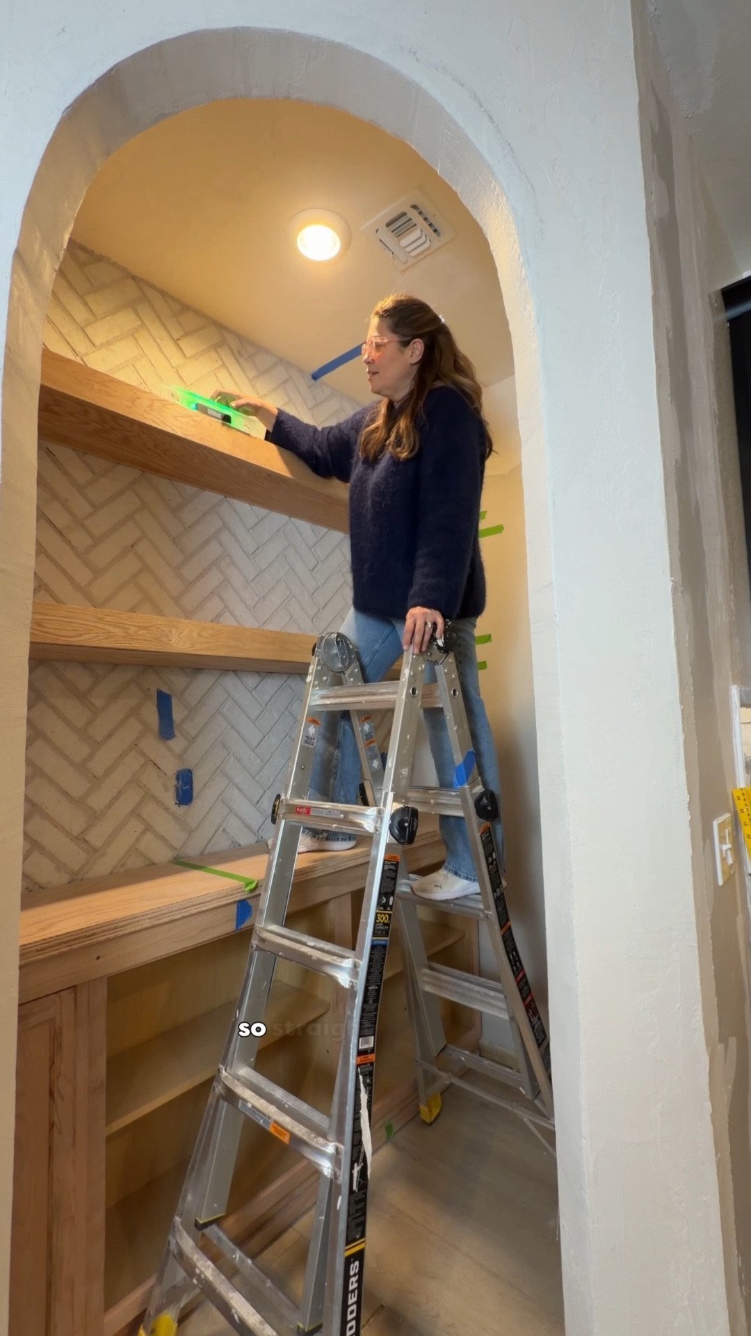 Slowly turning my builder grade corner pantry into something that actually feels special. The thin brick, shelves, and lighting are all linked here.

Note: The herringbone thin brick I’m using is from Old Mill in the color “Cascade”

The grout color is “silver” 

The shelves are made from red oak with a water base clear poly in satin 

The cabinets are stock wall cabinets from Home Depot (I reinforced and added a base to make them into base cabinets) 

