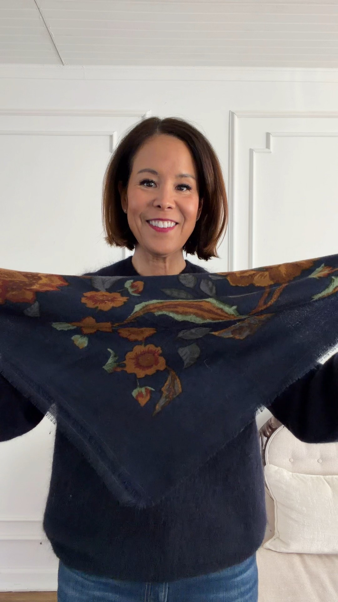 How to tie your scarf like a French woman. 

Sèzane Sweater in small
Mother kick it denim- fits true to size 
Sèzane scarf, linking similar options. Scarf size is 49x49
