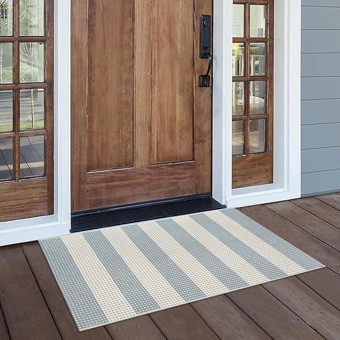 LEEVAN Door Mat Outdoor Entrance 2x3, Washable Striped Front Porch Rug, Blue and White Buffalo We... | Amazon (US)
