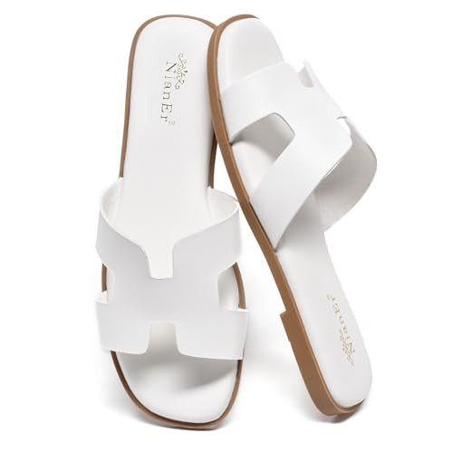 NianEr Womens Microfiber Leather Memory Foam Support H Sandals Square Toe Dress Dressy Slip On Casual Cute Comfort Bride Bridal Wedding Designer Date Flat Sandals Summer Shoes Slides White Size 9.5 | Amazon (US)
