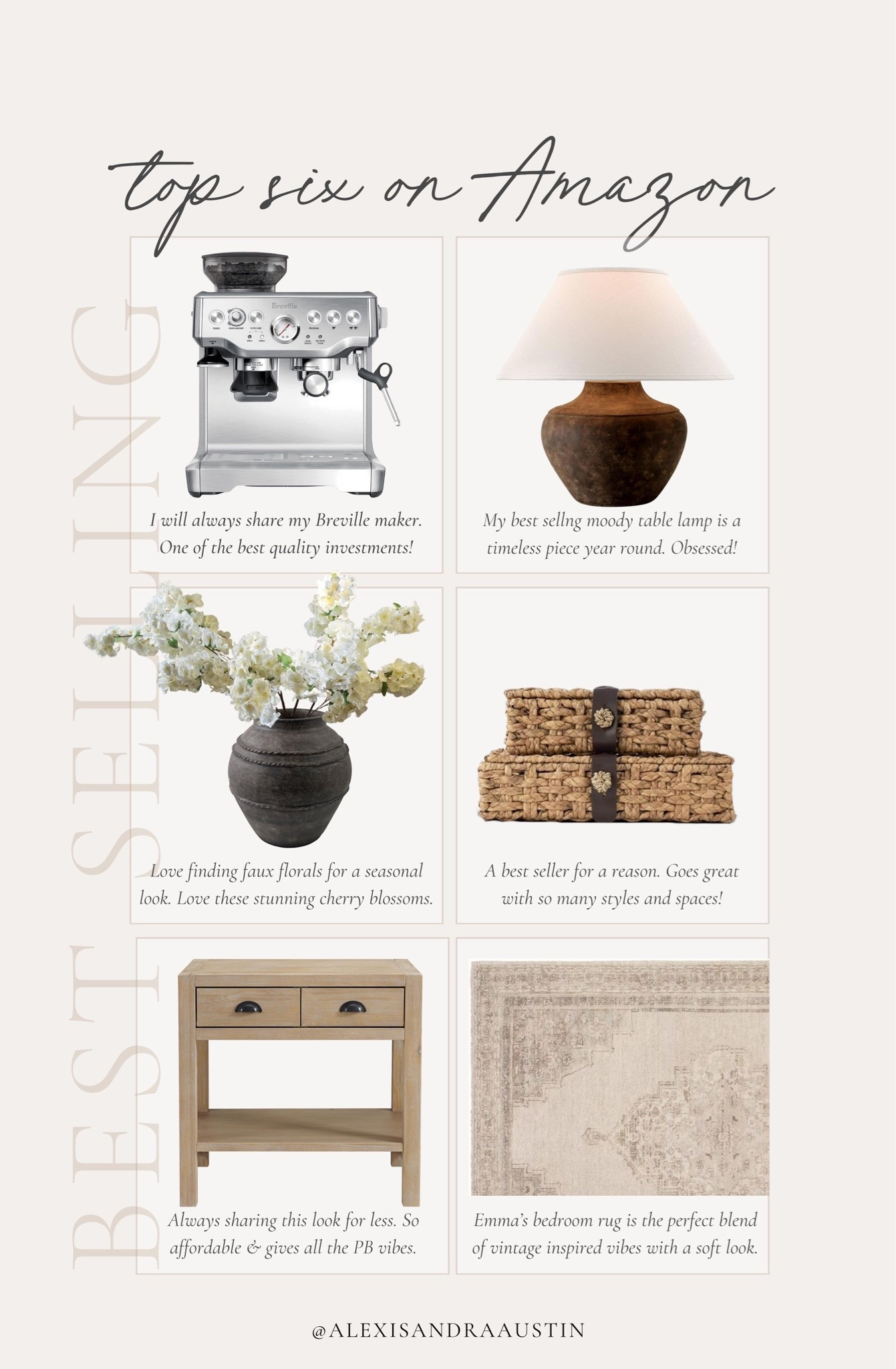 This week’s top six best sellers on Amazon! From the best home staples to seasonal decor, find all of my favorites for an elevated home look.

Home finds, neutral home inspo, best sellers, summer refresh, furniture favorites, neutral wood tones, espresso machine, moody table lamp, faux cherry blossoms, woven box, nightstand details, vintage inspired area rugs, found it on Amazon, McGee inspired vibes, Galey Alix, Breville, shop the look!

#LTKSeasonal #LTKHome