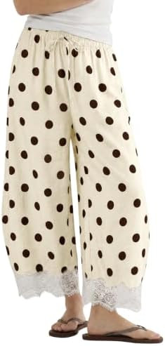 Athlisan Womens Polka Dot Wide Leg Palazzo Pants High Waisted Summer Lace Trim Cropped Baggy Trou... | Amazon (US)