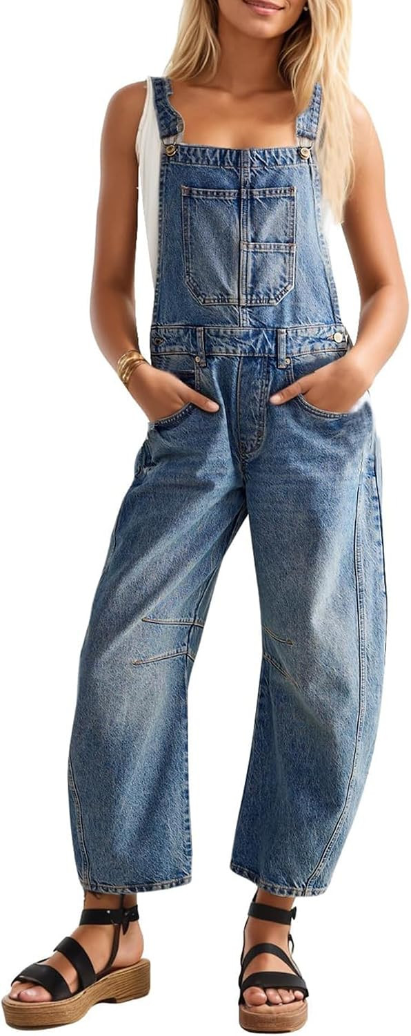 Womens Denim Bib Overalls Barrel Leg Adjustable Straps Jean Jumpsuit | Amazon (US)