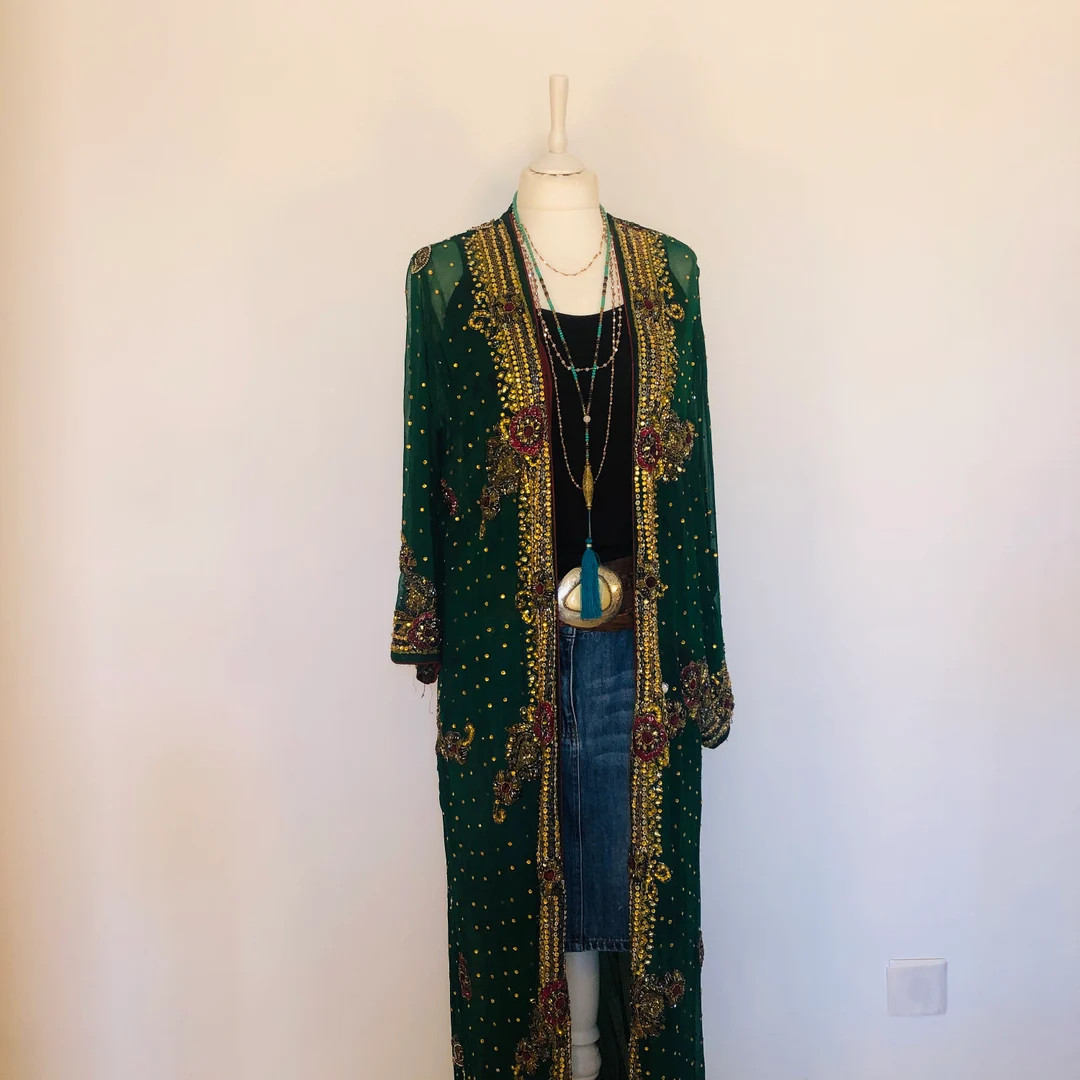 Boho Sequinned Kimono,gold Beaded Embroidery,long Glitter Robe,goddess Duster,hippy Chic,70s 80s ... | Etsy (US)