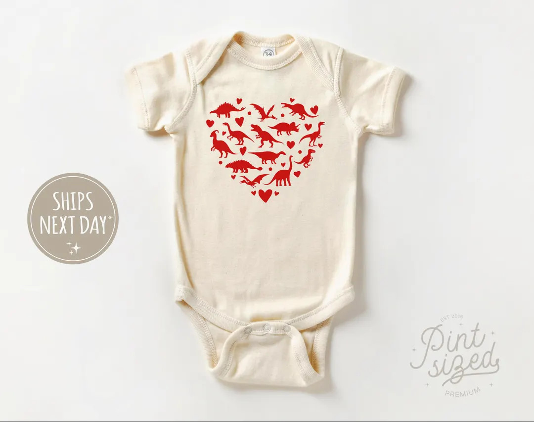 Dinosaur Heart Baby Onesie® Boys Valentine's Day Bodysuit Cute Retro Baby Onesie® Boys Dino One... | Etsy (US)