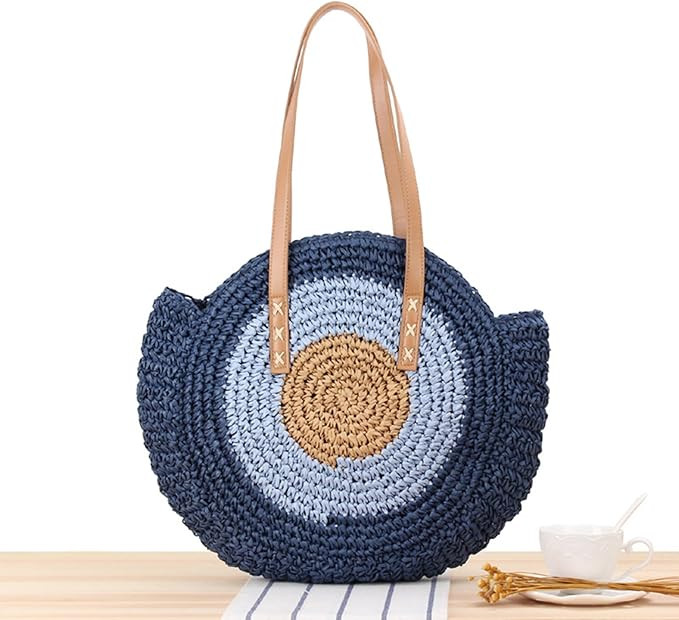 Round Straw Bag, Summer Large Capacity Woven Beach Bag Purse, Handle Shoulder Bag for Women Vacat... | Amazon (US)