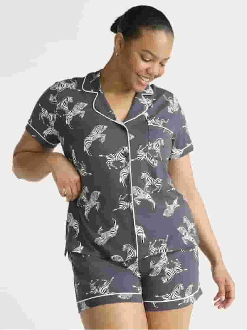 Joyspun Women’s Dreamy Soft Collection Short Sleeve Knit Notch Collar Top and Shorts Pajama Set... | Walmart (US)