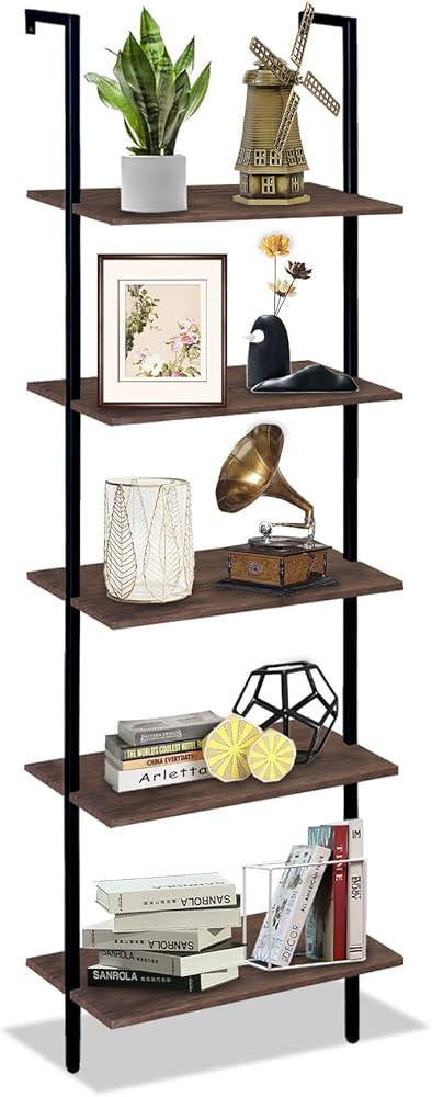 5 Tiers Ladder Shelf Brown Modern Bookshelf Open Tall Wall Mount Bookcase Standing Leaning Wall S... | Amazon (US)