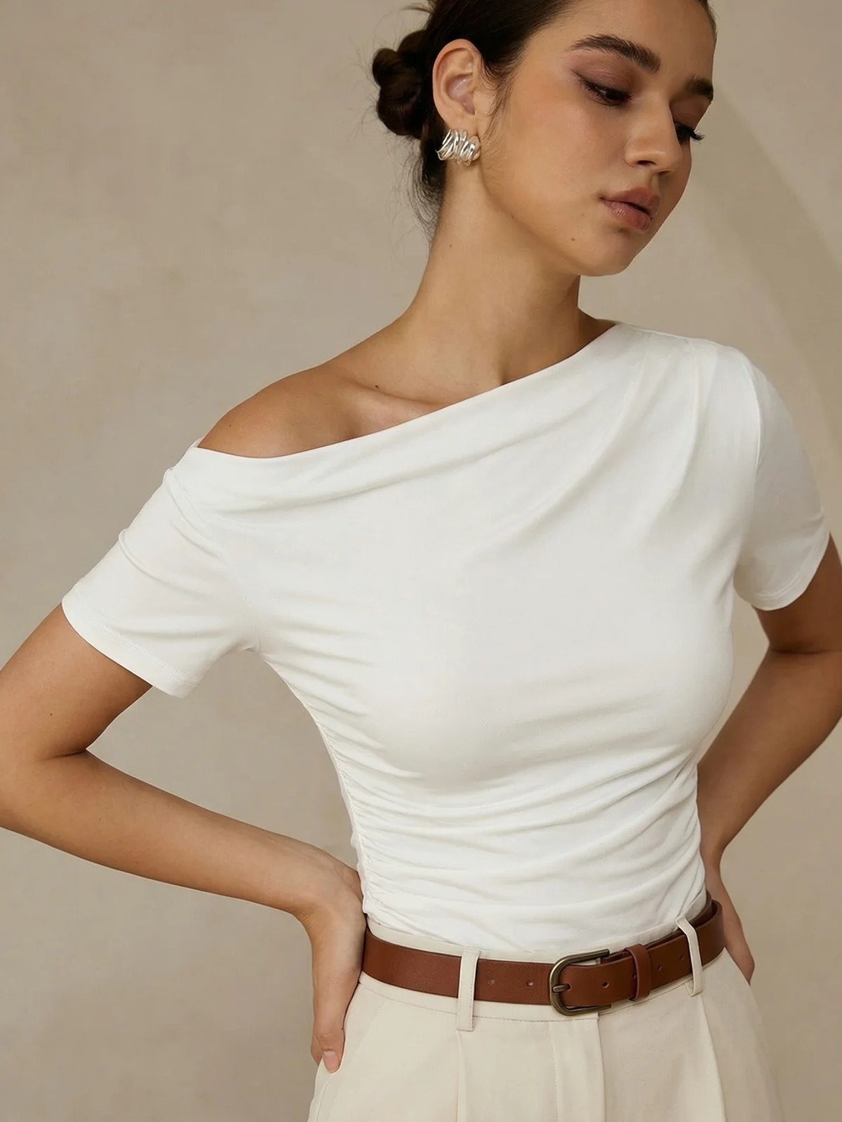 Ruched Off Shoulder Slim Short Sleeve Top | Commense