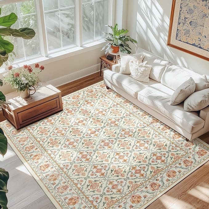 jinchan Area Rug 5x7 Washable Rug - Boho Vintage Floral Low Pile Thin Throw Non-Slip Non-Shedding... | Amazon (US)