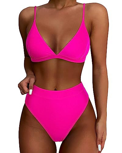 SUUKSESS Women High Waisted High Cut Bikini Sets Sexy Triangle Two Piece Swimsuits Push Up Bathing Suits (Hot Pink, S) | Amazon (US)