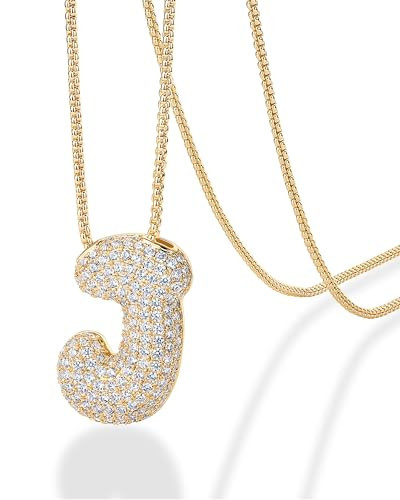 PAVOI 14K Yellow Gold Plated Cubic Zirconia Bubble Letter Initial Necklaces for Women - Gold Balloon and Chunky Pendant Necklaces - Letter J | Amazon (US)