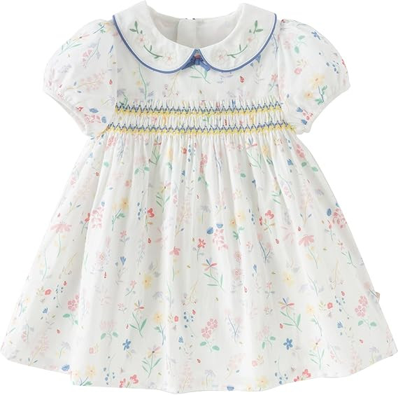 DAVE&BELLA Toddler Baby Girls Summer Dress, Short Puff Sleeve Cotton Sundress Blue Striped Floral... | Amazon (US)