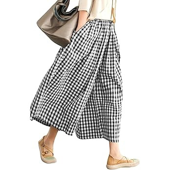 Womens Wide Leg Capri Pants Cotton Gingham Plaid Culottes Summer Elastic Waist Palazzo Trousers B... | Amazon (US)