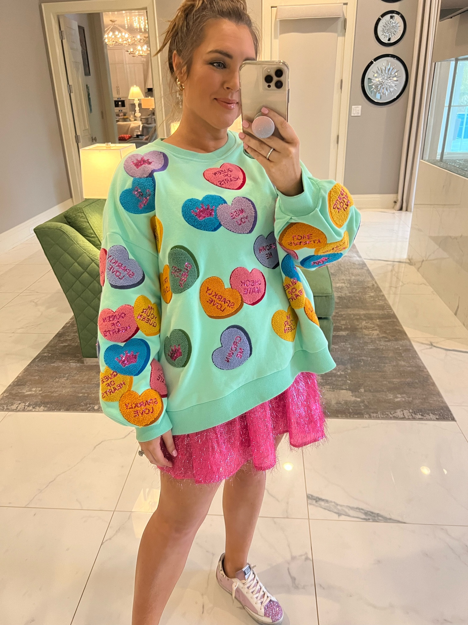 Queen of sparkles valentines,  conversation hearts, sweatshirt, and pink pencil skort. 

#LTKSeasonal