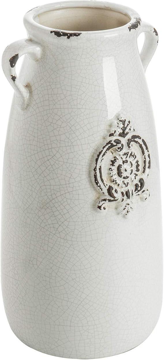 MyGift Farmhouse White Ceramic Vase with Handle and Embossed Seal Design, Antique Jug Shaped Tabl... | Amazon (US)